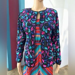 VTG Jean for Joseph Le Bon Sequin Jacket Sz LG Multicolor shapes 100% Silk Pads